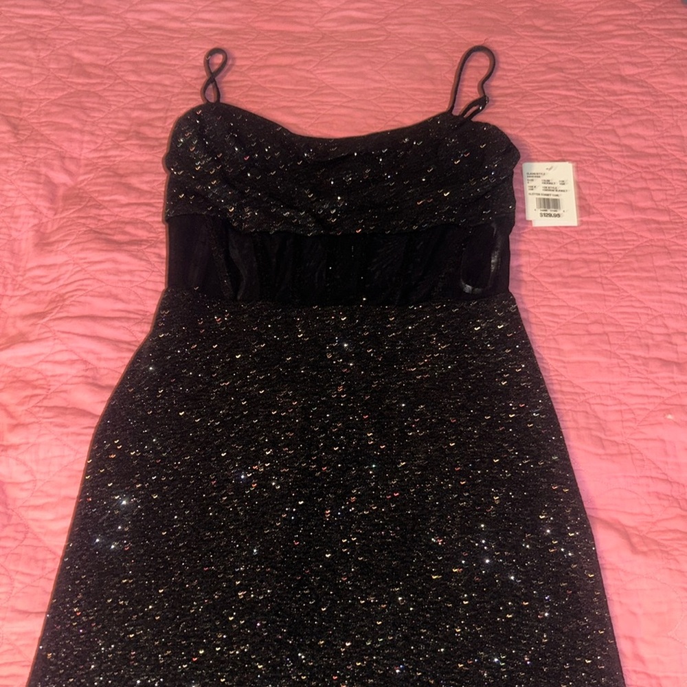 David’s Bridal Jules and Cleo Glitter knit illusion corset sheath dress ✨